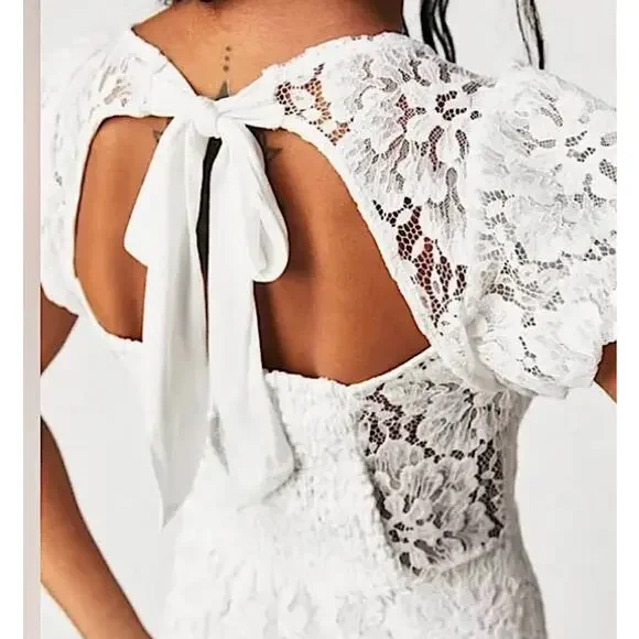 Free People Hailee Lace, Puffed Sleeve Mini Dress | Sz S, White New $168 - Picture 9 of 12